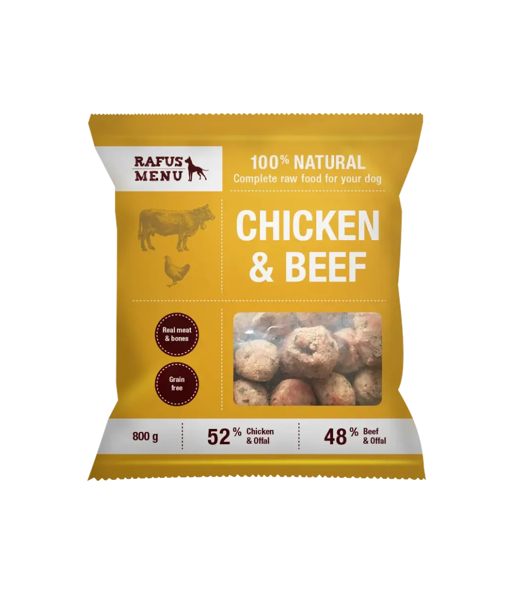 RAFUS_vistienos_kotletukai Visavertis vištienos su jautiena žalias ėdalas šunims “KOTLETUKAI”, 800 g