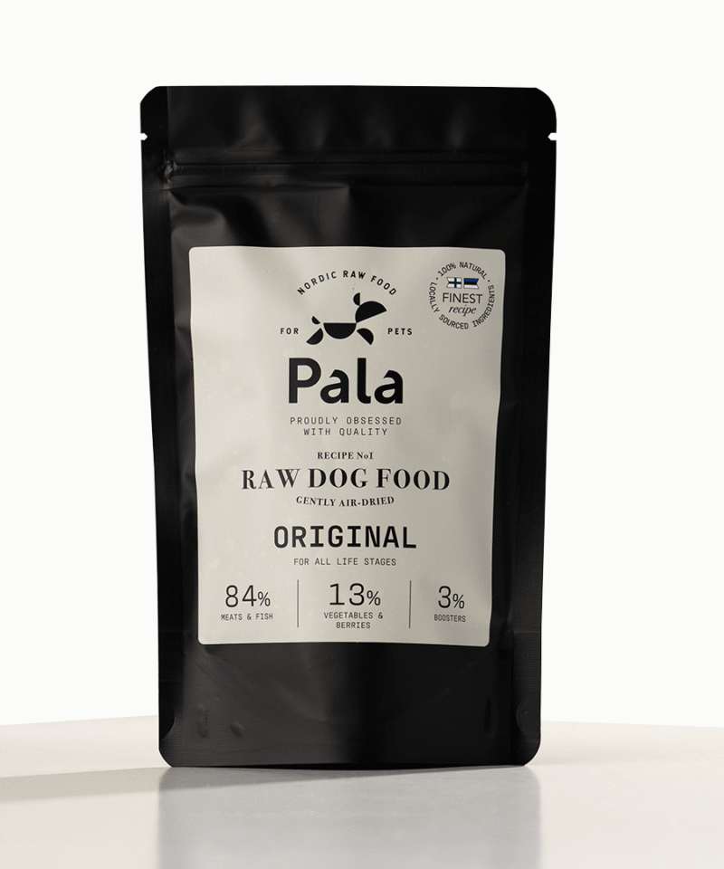 image_fulltext_Pala Recipe 1 Original 100g RECEPTAS NR. 1, 100 gr., PALA džiovintas RAW maistas šunims: vištiena, lašiša ir jautiena su daržovėmis