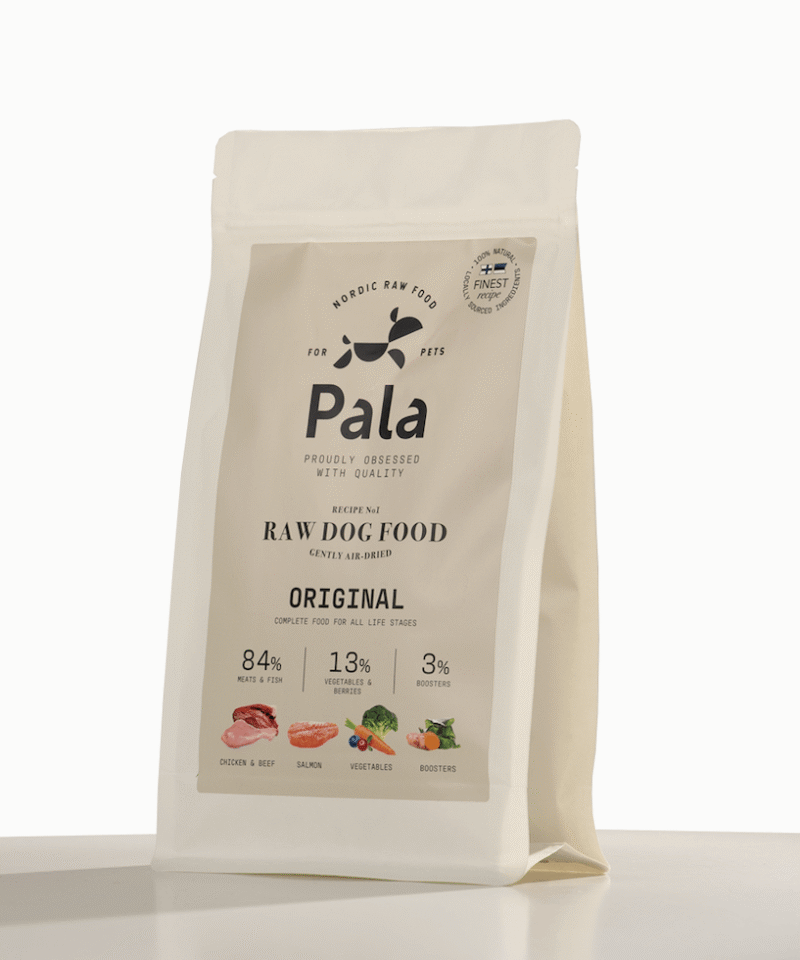 image_fulltext_Pala Recipe 1 Original 1kg RECEPTAS NR. 1, 1 kg., PALA džiovintas RAW maistas šunims: vištiena, lašiša ir jautiena su daržovėmis