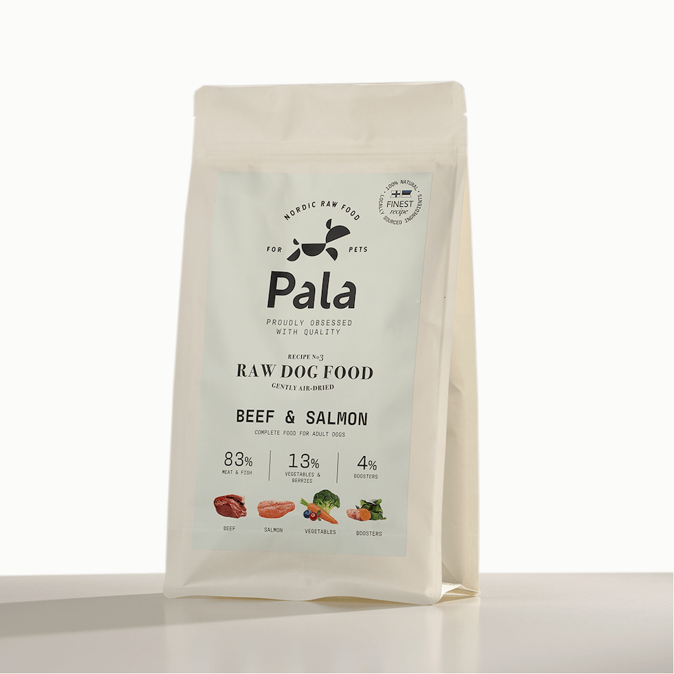 RECEPTAS NR. 3, 1 kg., PALA džiovintas RAW maistas šunims: jautiena ir lašiša su daržovėmis