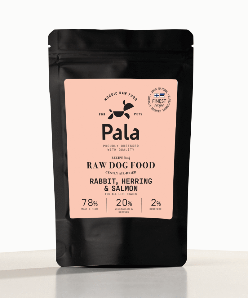 image_fulltext_Pala Recipe 4 rabbit_herring_salmon_100g_front RECEPTAS NR. 4, 100 g, Pala džiovintas RAW maistas šunis: triušiena, silkė ir lašiša