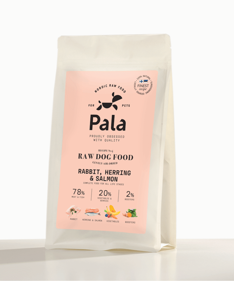 image_fulltext_Pala Recipe 4 rabbit_herring_salmon_1kg_front RECEPTAS NR. 4, 1 kg, Pala džiovintas RAW maistas šunis: triušiena, silkė ir lašiša