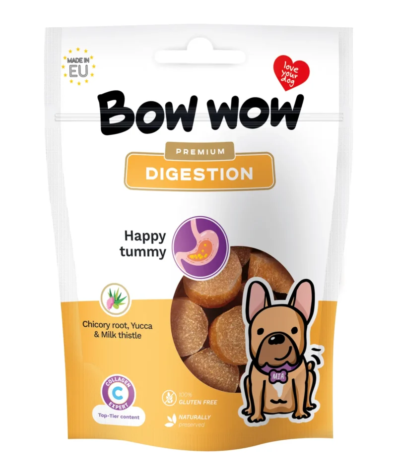BW821_A Bow Wow Virškinimui ir žarnynui: Natūralus skanėstas su cikorijos šaknimi, juka ir tikruoju margainiu, 60 g