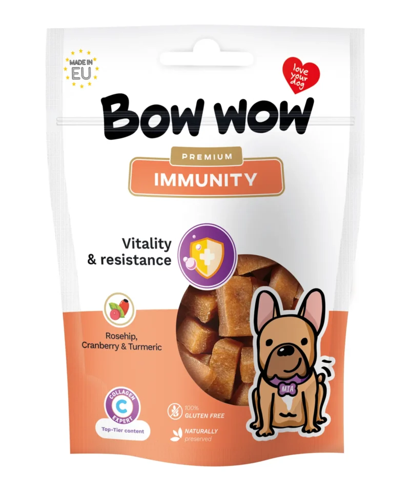 BW822_A Bow Wow Imunitetui ir gyvybingumui: Natūralus skanėstas su erškėtuogėmis, spanguolėmis ir ciberžole, 60 g